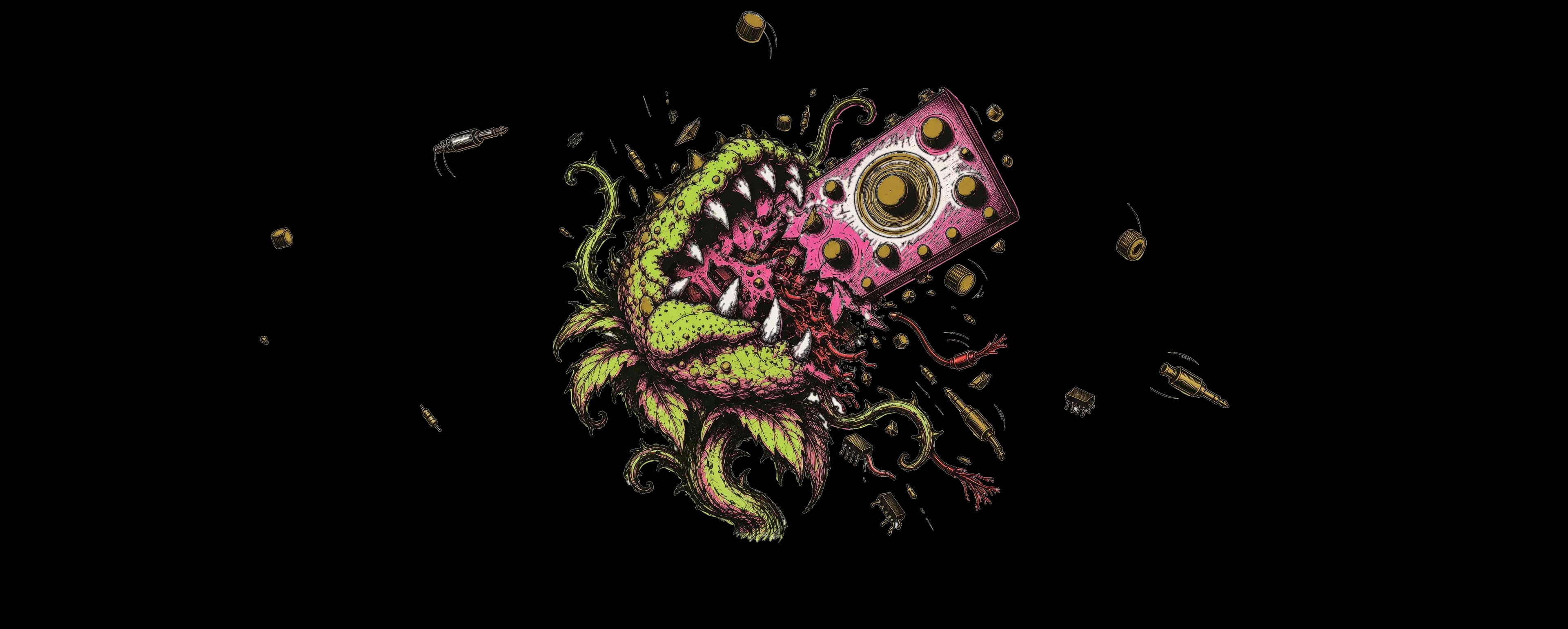 Audrey, a carnivorous plant, bites through an Audrey III synthesizer; knobs, jacks and chips fly from its jaws