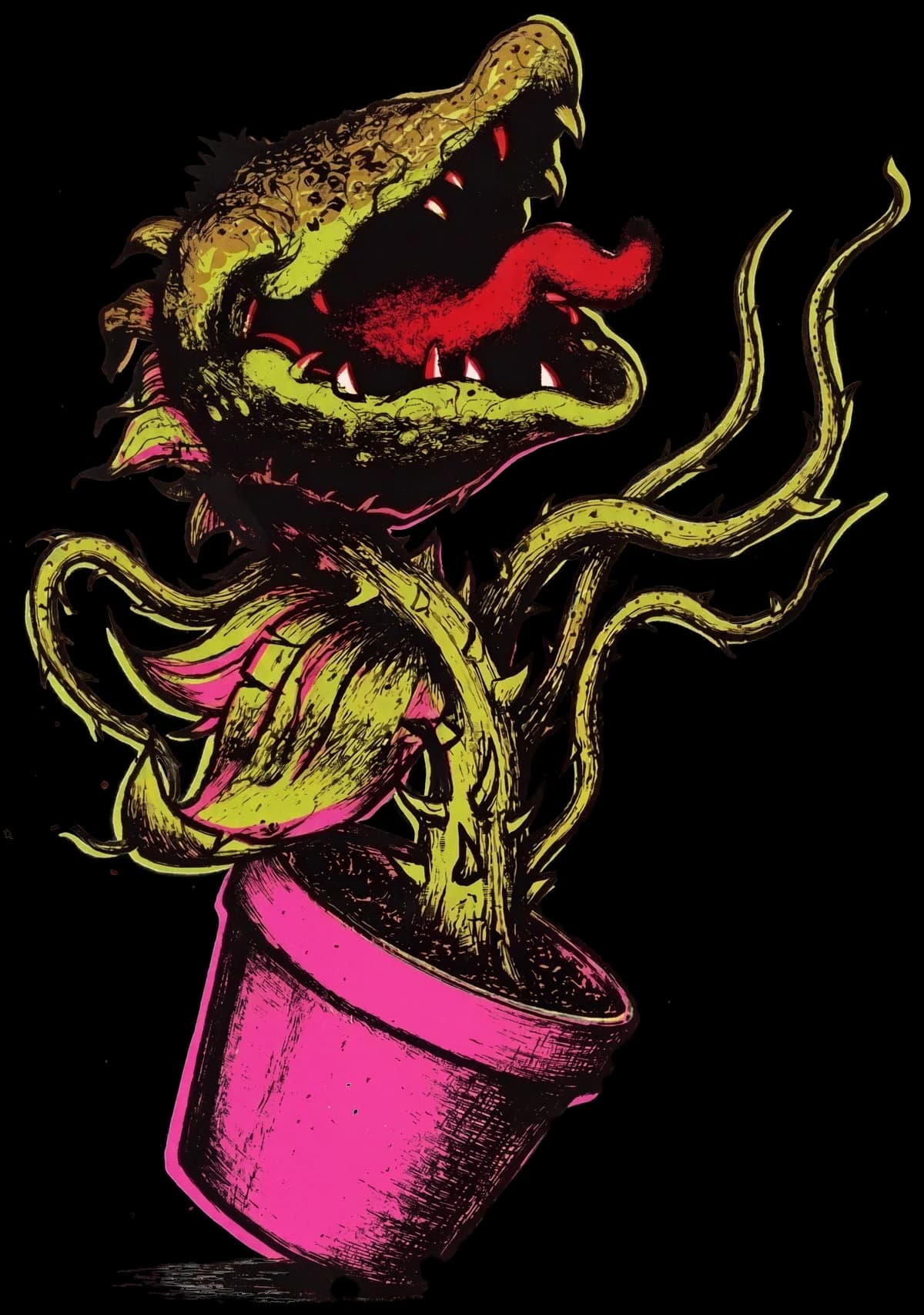 Audrey, drawn: a man-eating plant in a pink pot, its mouth wide open and its vines reaching out.